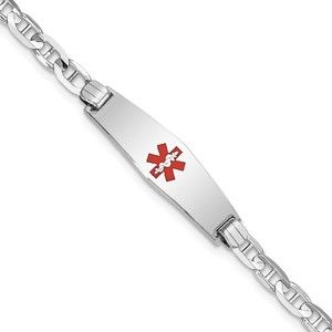 14K WG Medical Soft Diamond Shape Red Enamel Anchor Link ID Bracelet, 7"